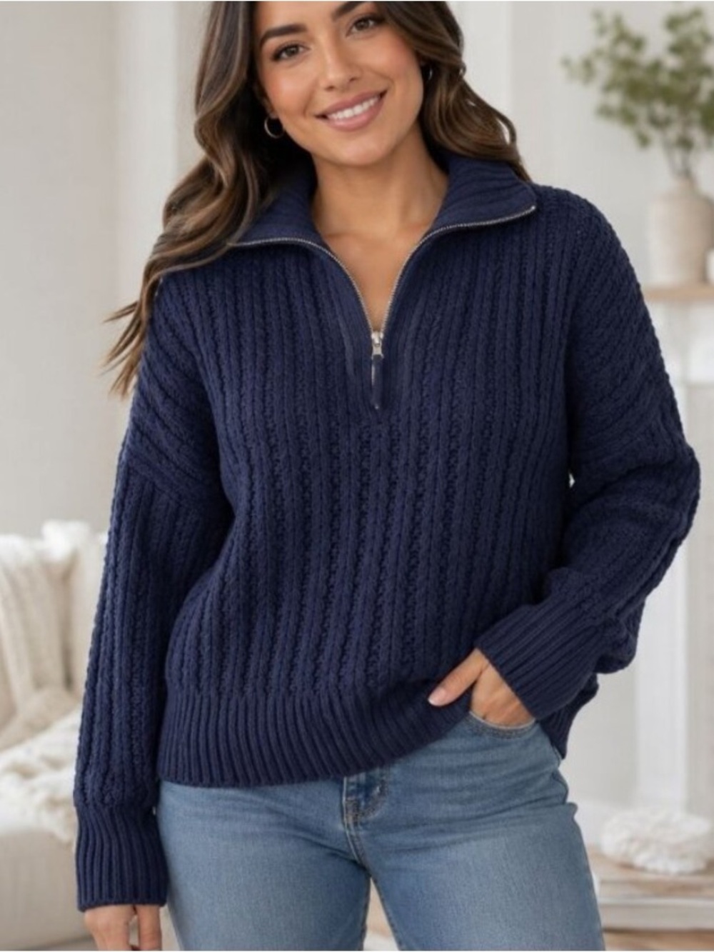 Aerie Navy Half-Zip Cable Knit Chunky Sweater Size: M
